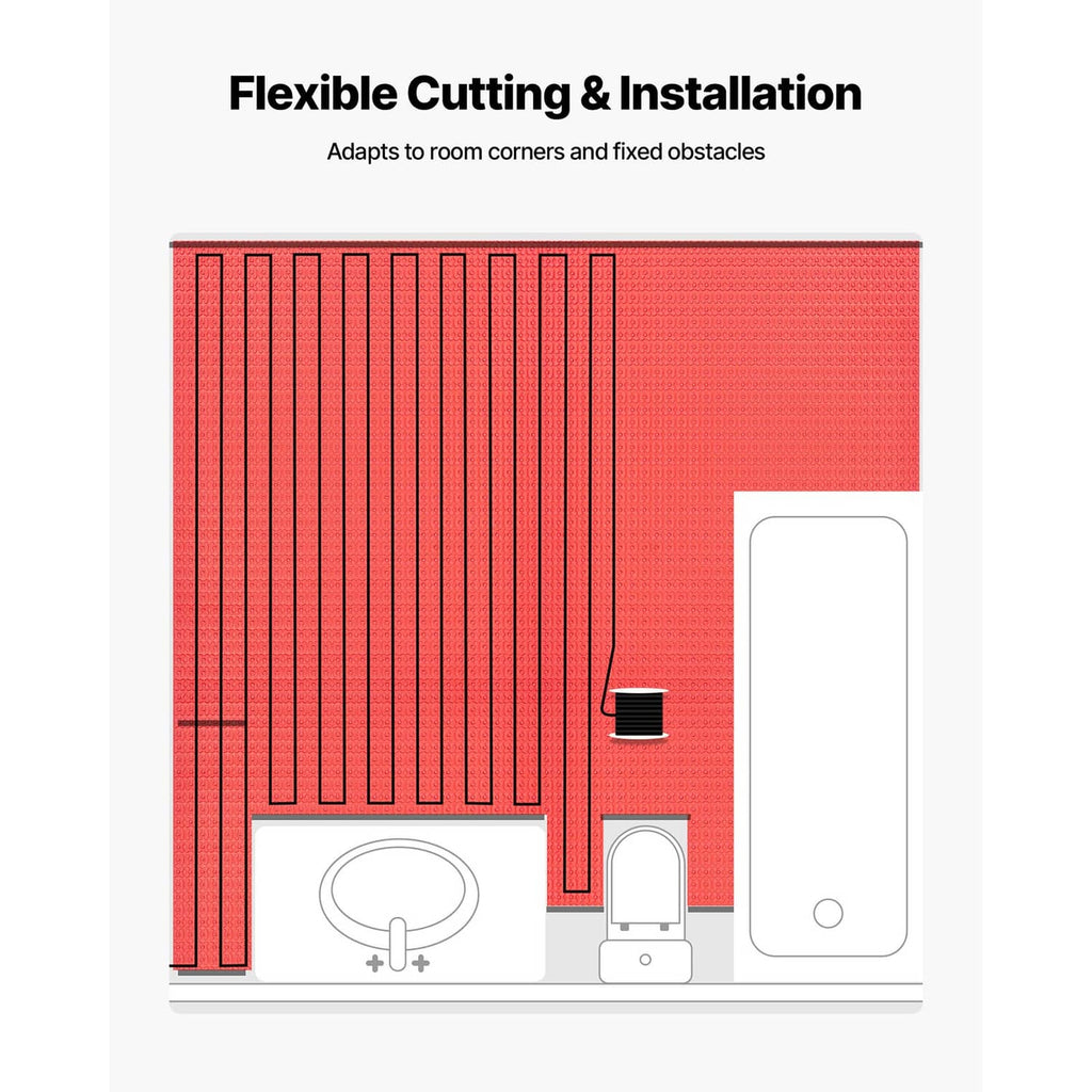 Flexible radiant floor heating mat with cut lines for corners and fixed obstacles