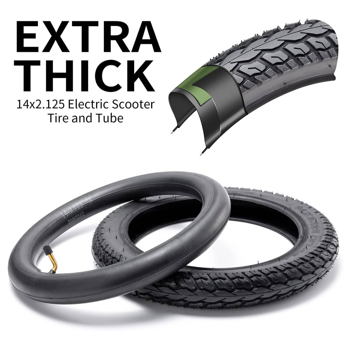 Black 14x2.125 tire and inner tube with thick tread and inflated shape.