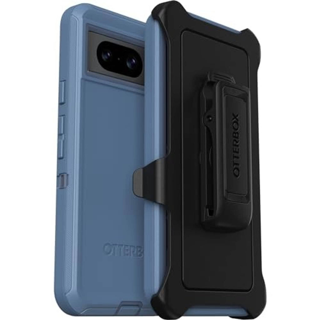Blue OtterBox Pixel 8 case with black defender holster and camera cutout