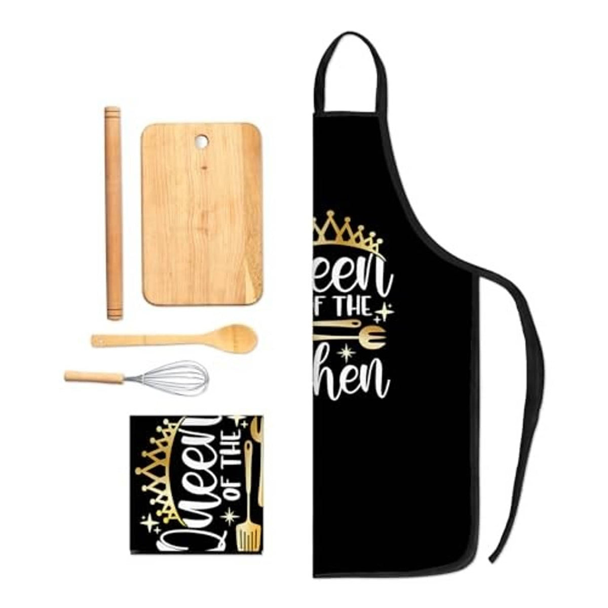 Black apron with "Queen of the Kitchen" print, set includes wooden cutting board