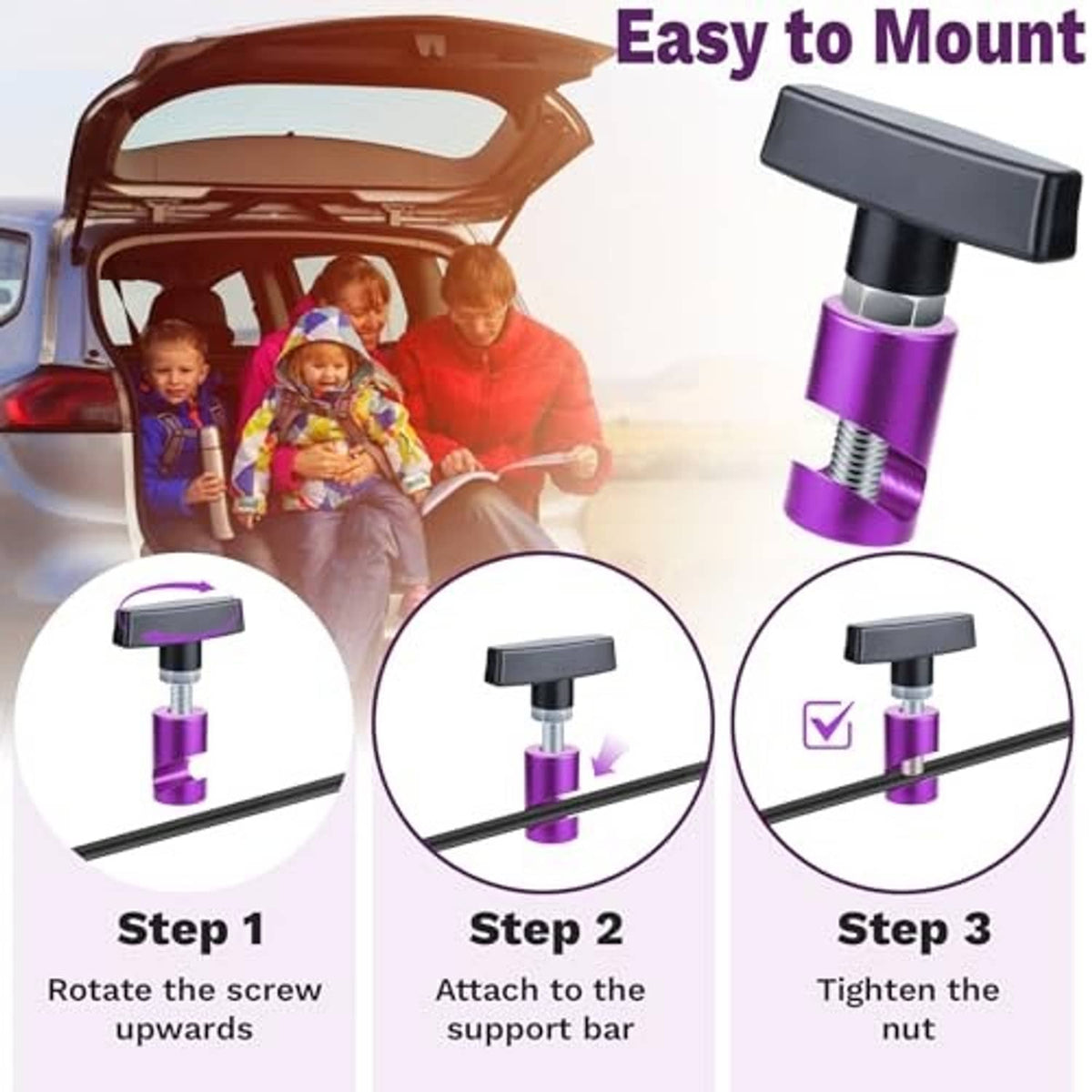 Purple hood strut clamp with black handle, shown for easy mounting.