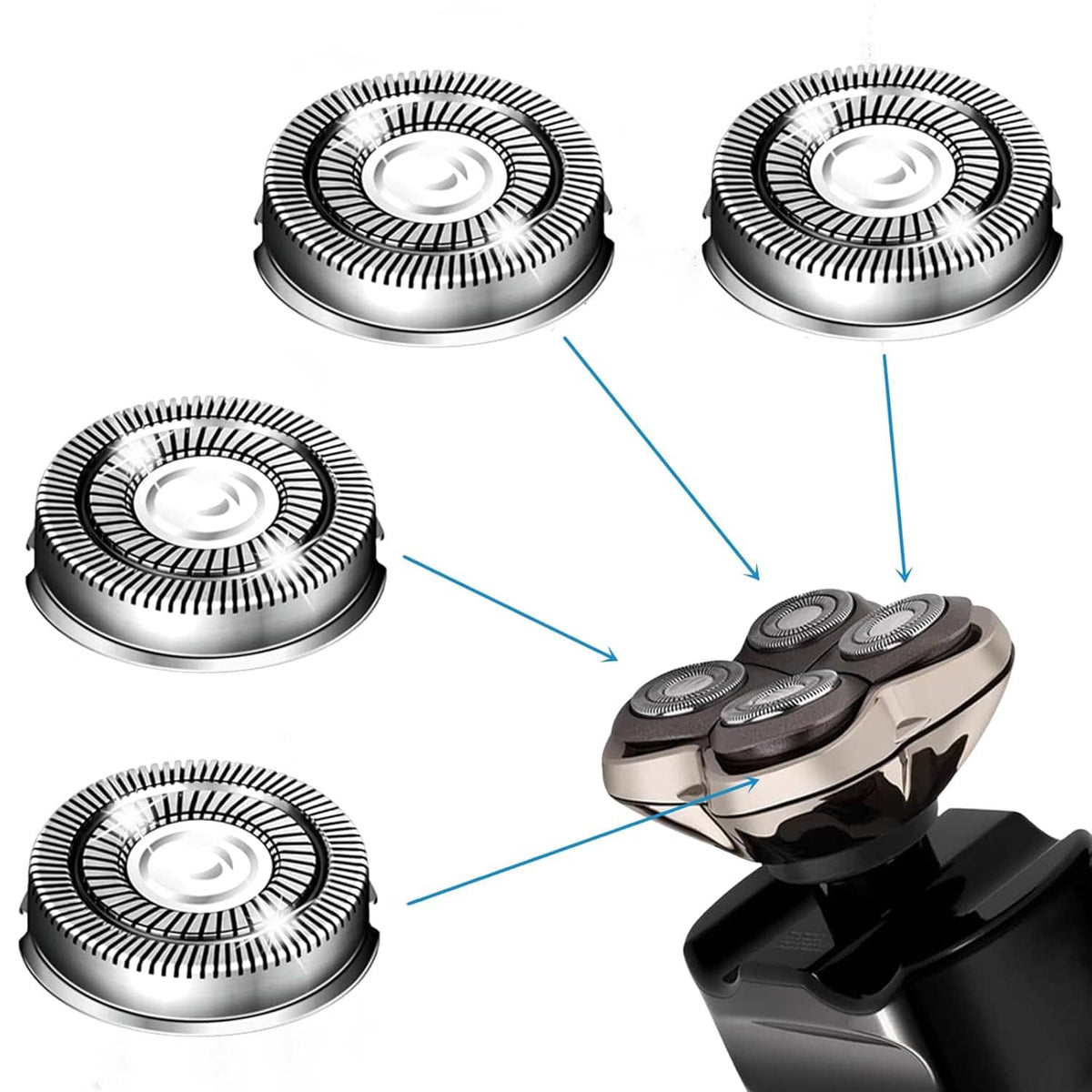 Shaver head replacement blades set with four circular metal foils