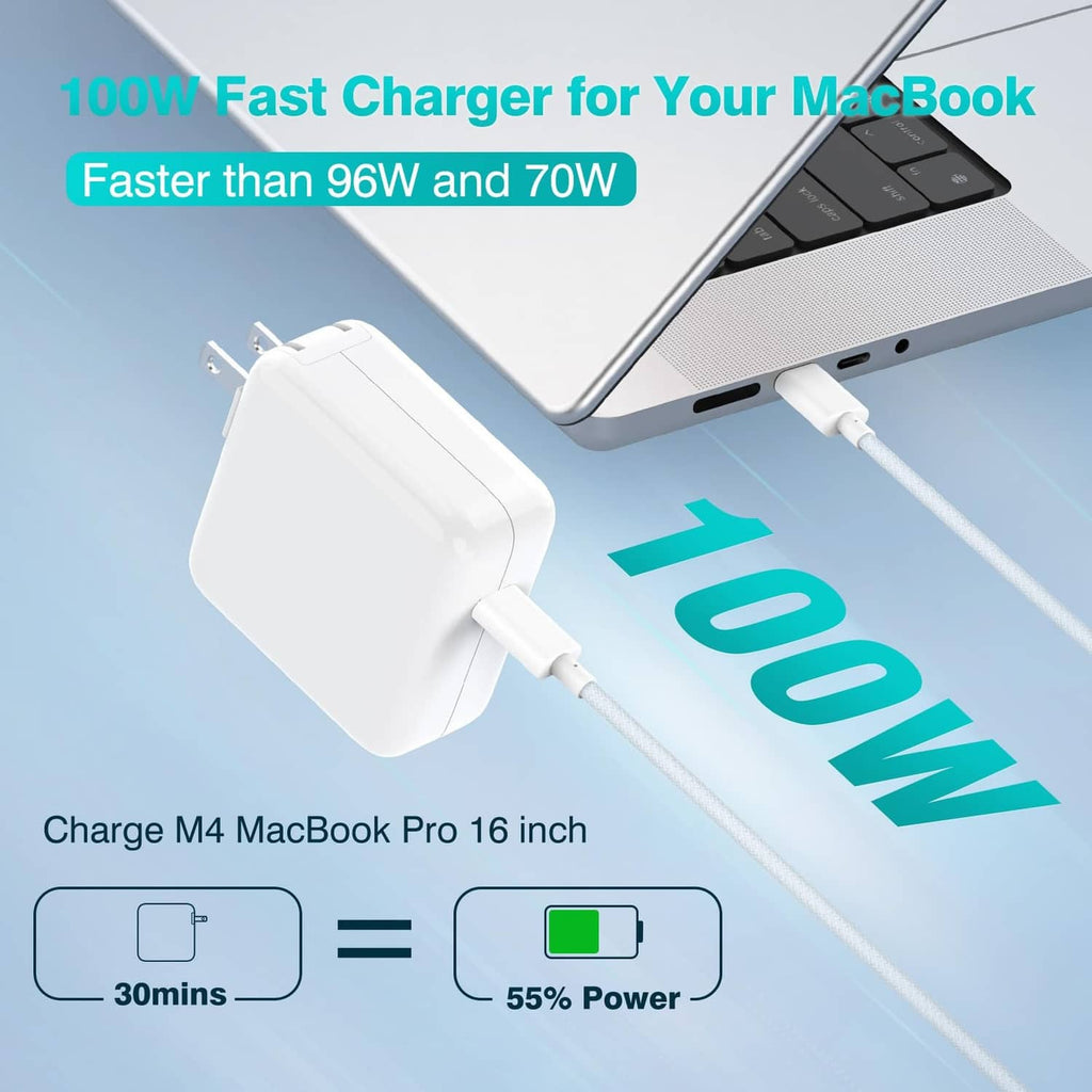 White compact USB-C charger with cable connected to a laptop for charging