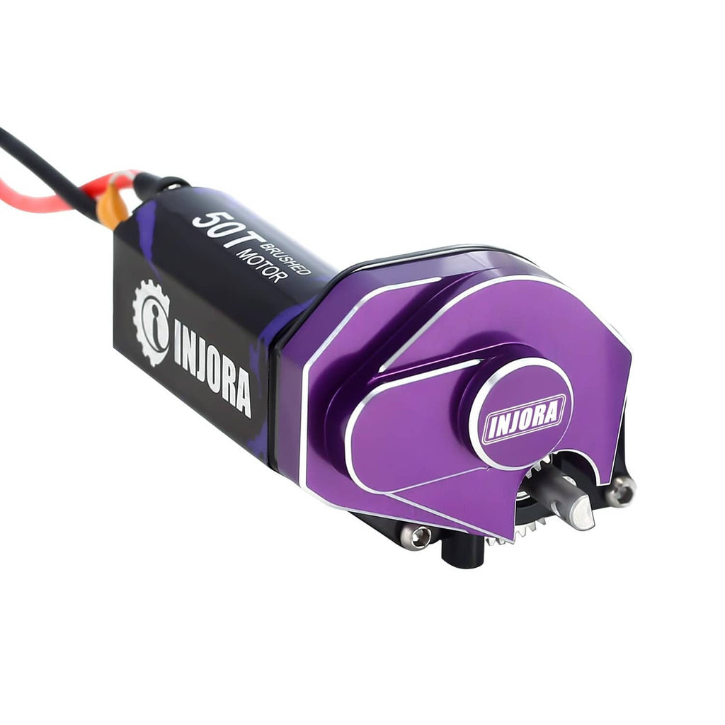 Brushed motor with transmission, angled view of purple can, black label, output shaft