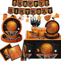 Basketball party supplies set: black-orange plates, cups, and decorations