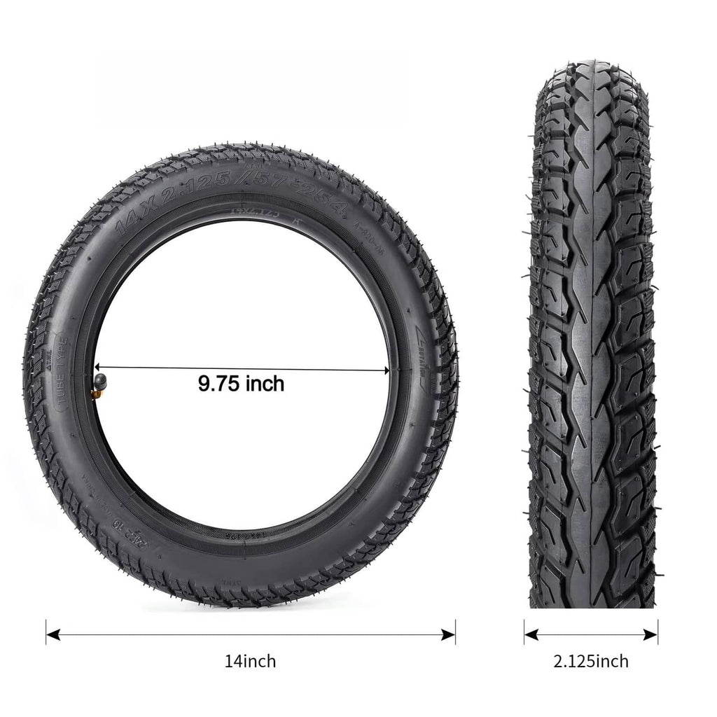 Pair of black 14-inch tires with 2.125-inch width, side view showing tread.