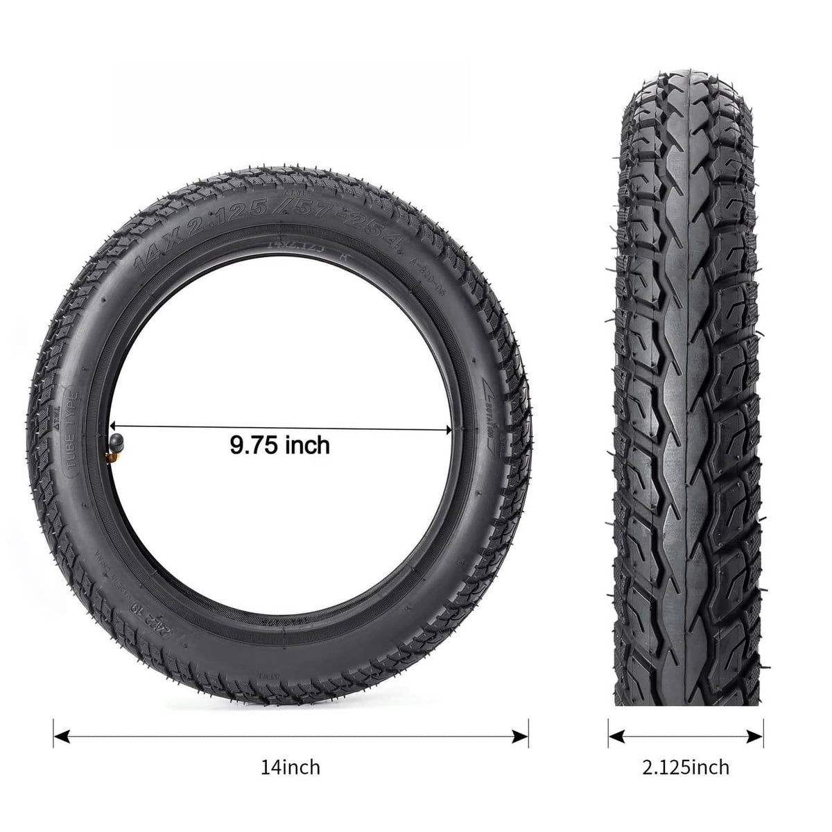 Pair of black 14-inch tires with 2.125-inch width, side view showing tread.