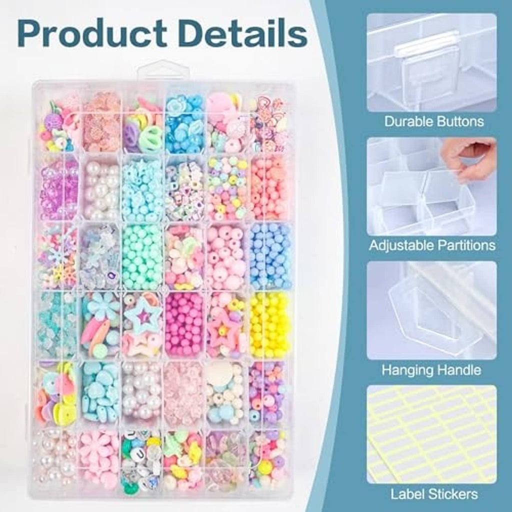 Clear plastic organizer box with adjustable partitions, plus hanging handle and button closures