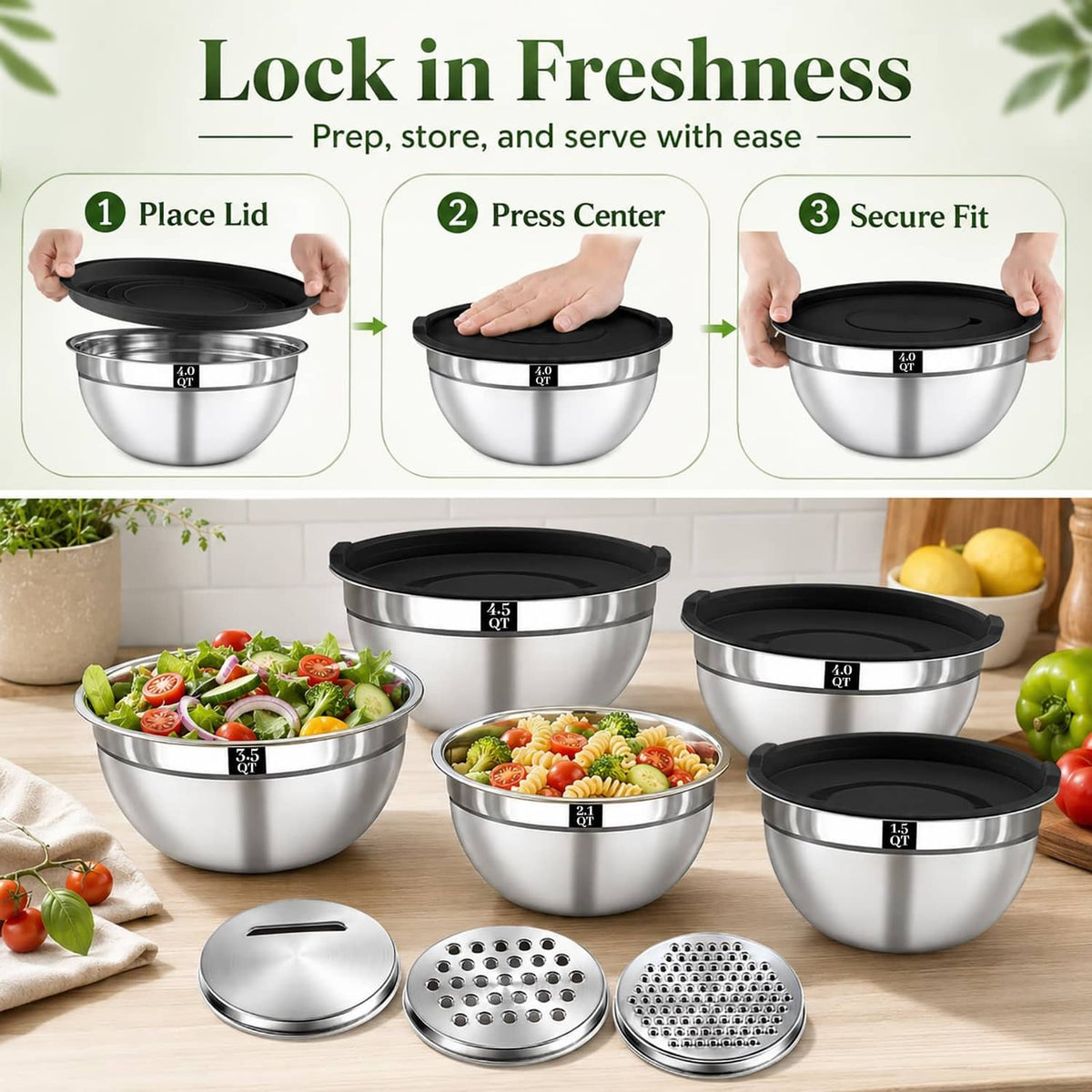 Stainless mixing bowls set with black lids and removable center cover, multiple sizes