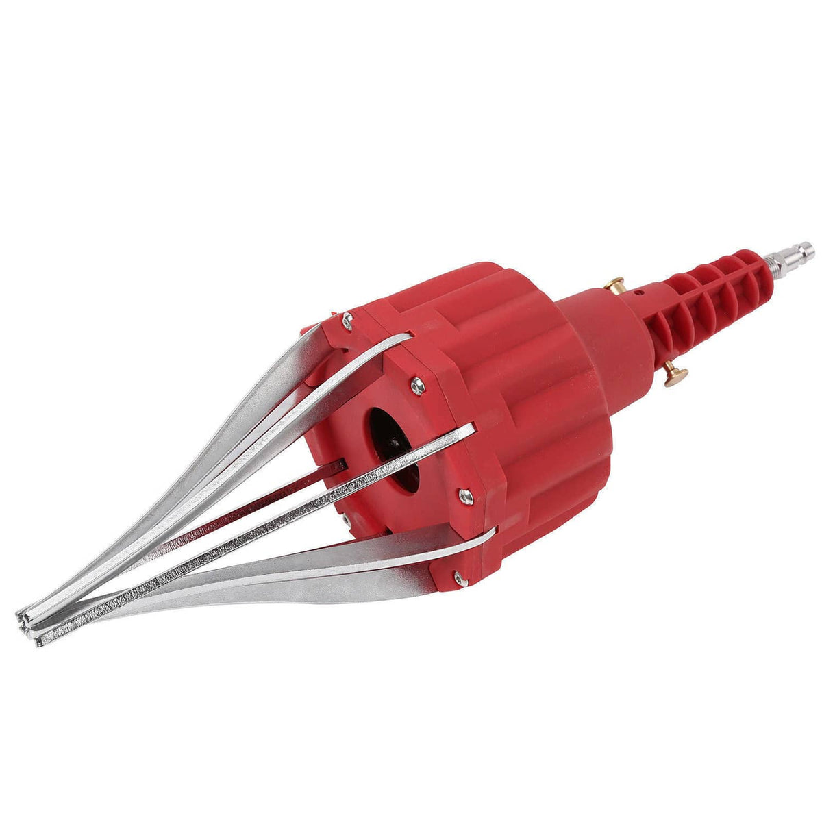 Pneumatic boot expander tool with red grips and three long metal spreading arms