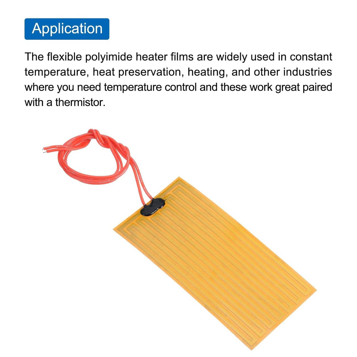 Flexible polyimide heating pad with red lead wires and black sensor attachment