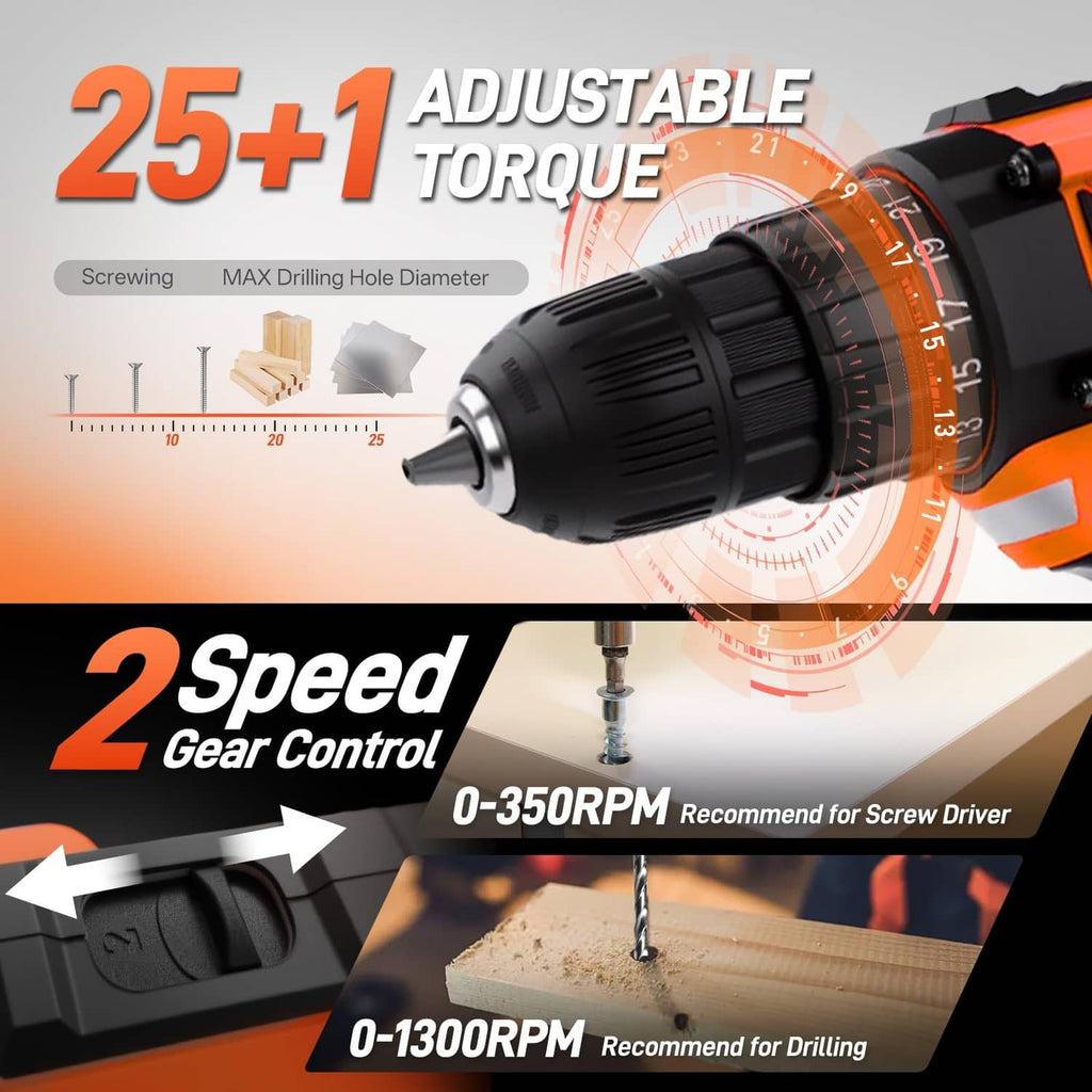 Orange and black 20V drill driver with adjustable torque and 2-speed control