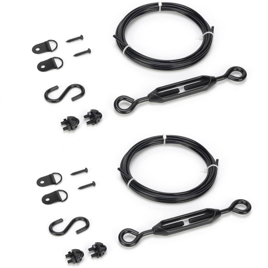 Black anti-sag gate cable kit with turnbuckle, hooks, screws, D-rings and cable loops