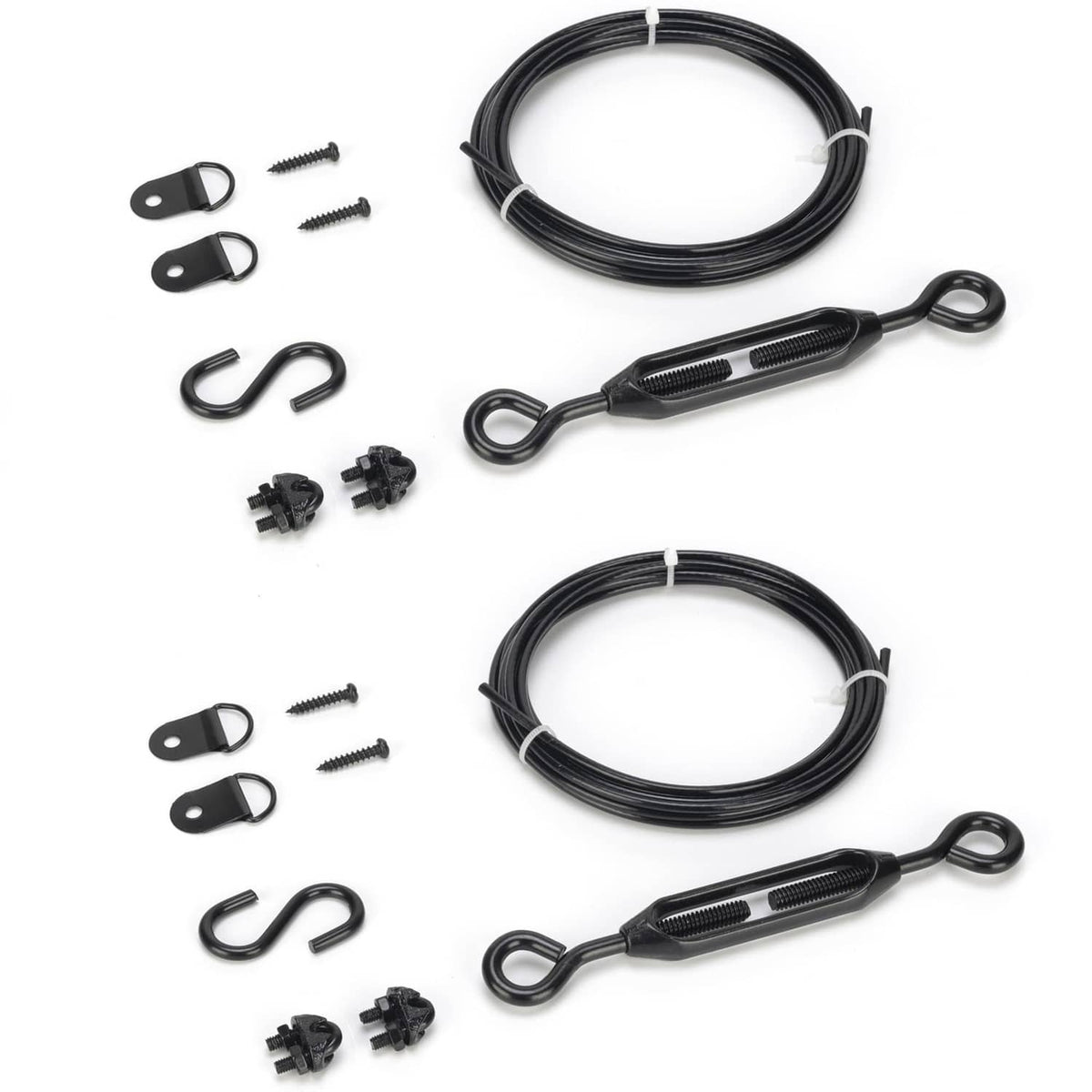 Black anti-sag gate cable kit with turnbuckle, hooks, screws, D-rings and cable loops