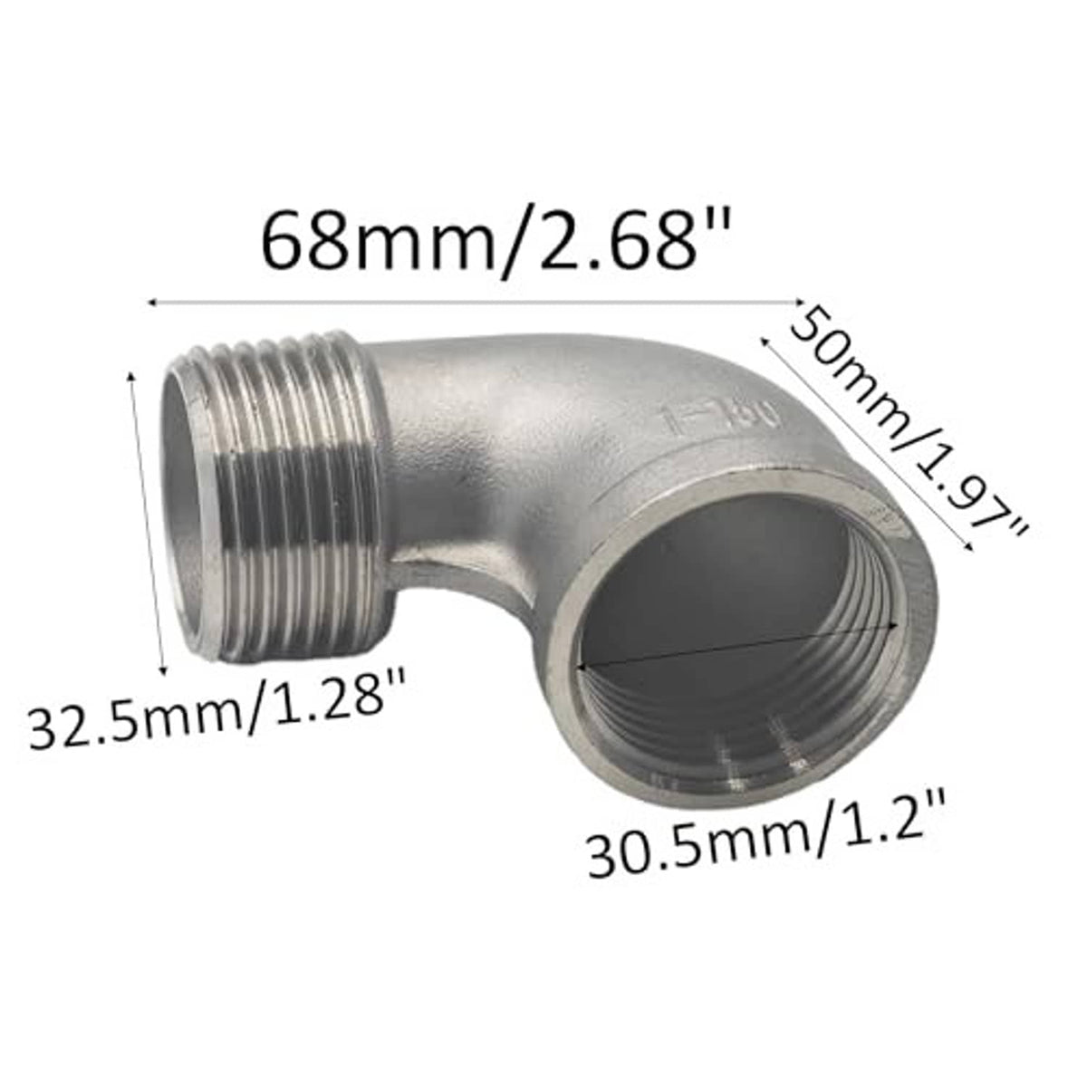 Stainless steel 90-degree NPT elbow fitting with male threads and female outlet