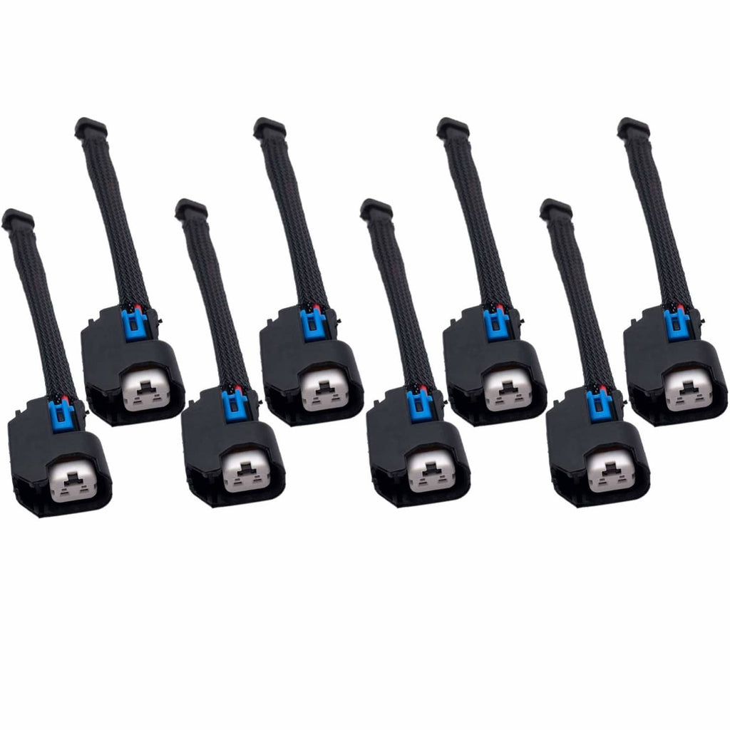 8pc fuel injector harness adapter pigtails with black braided wires and blue locking tabs
