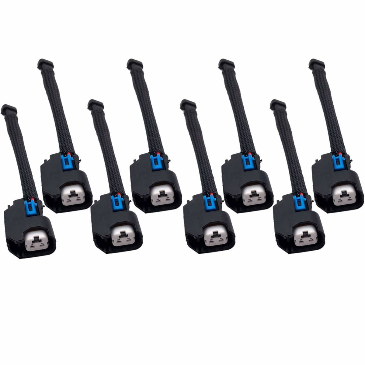 8pc fuel injector harness adapter pigtails with black braided wires and blue locking tabs