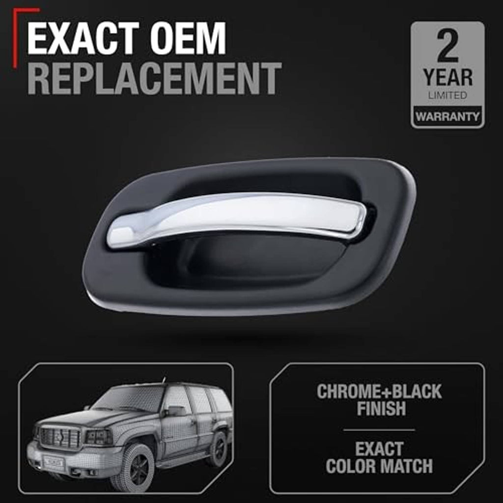 Exterior rear door handle with gray surround and silver chrome lever