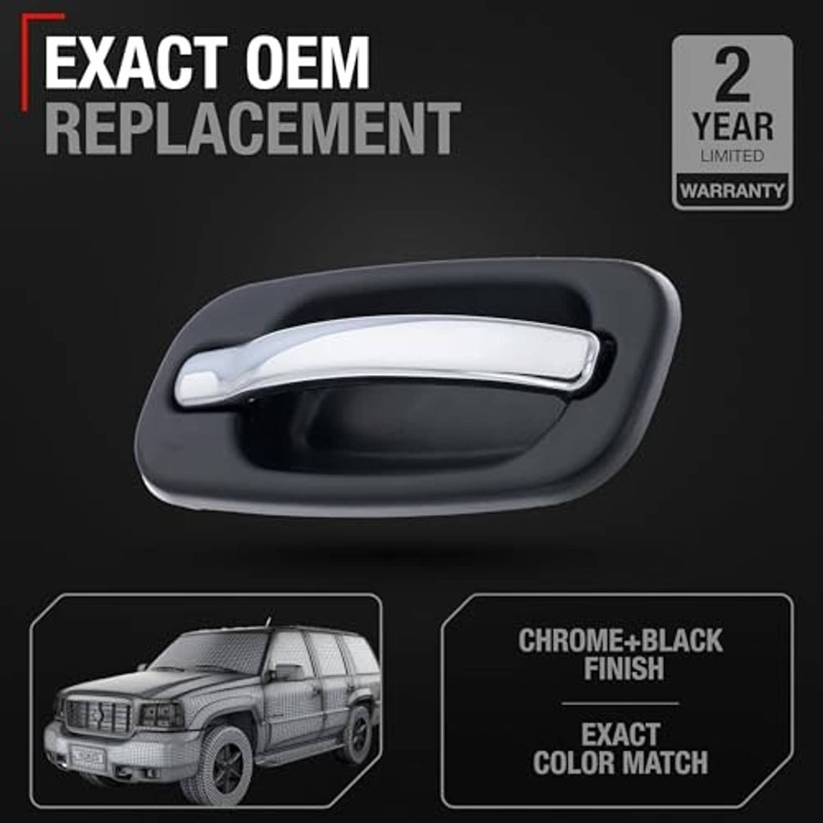 Exterior rear door handle with gray surround and silver chrome lever