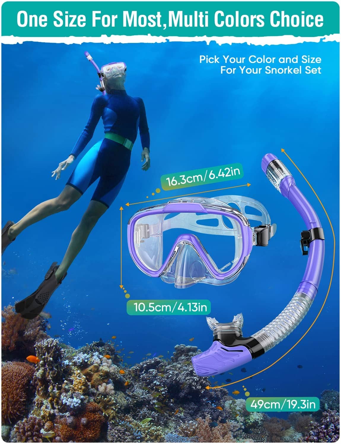 Adult snorkeling gear set with clear purple mask and snorkel, shown in use