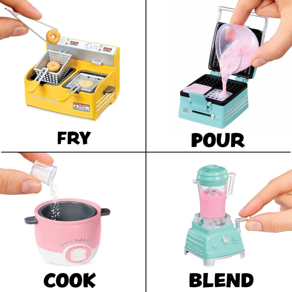 Mini appliance playset action set: fry, pour, cook, blend with mini machines