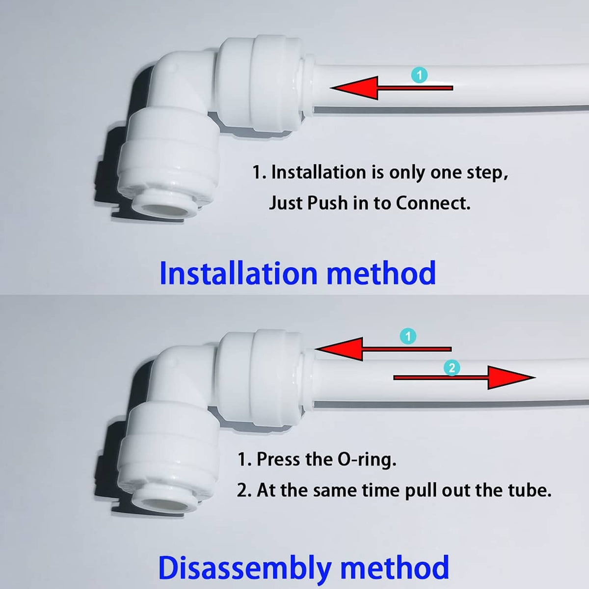 White male elbow quick connector with O-ring area for push-to-connect tube installation