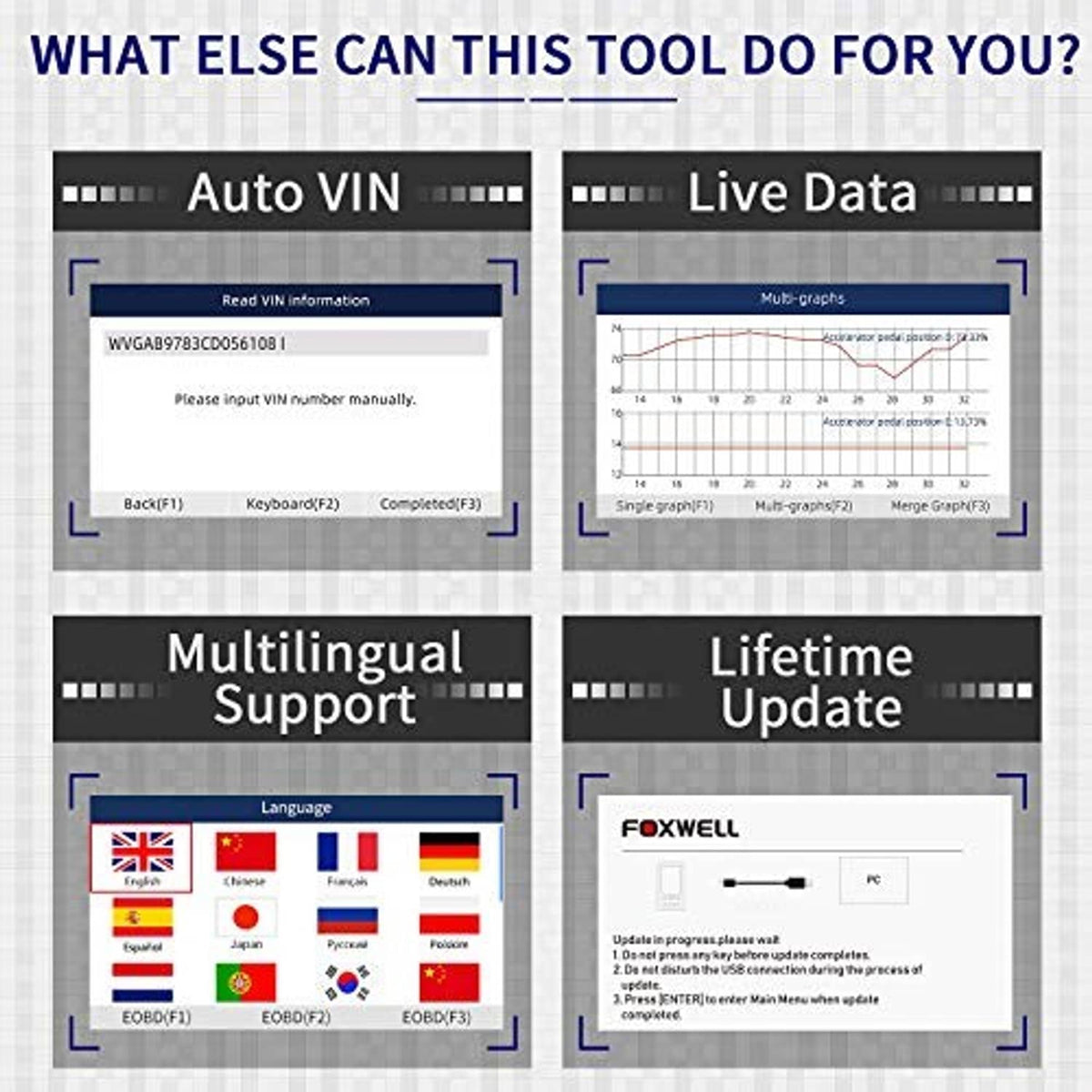 FOXWELL AutoMaster Pro OBD2 scanner screen showing Auto VIN and Live Data