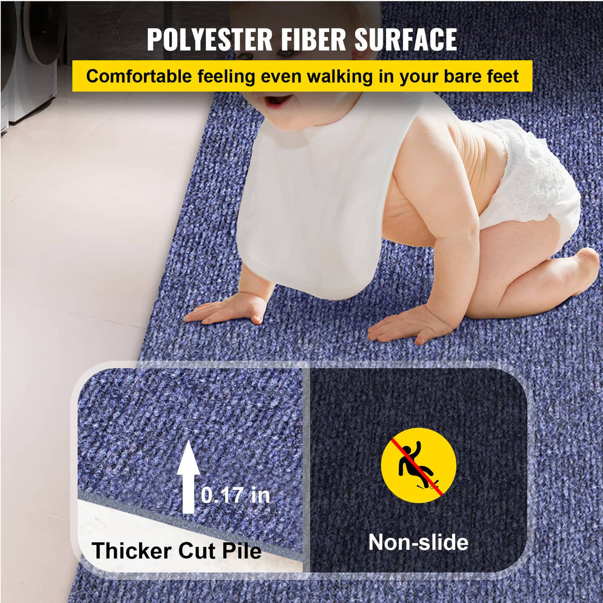 Blue marine cut pile carpet with thick textured surface and rounded edges