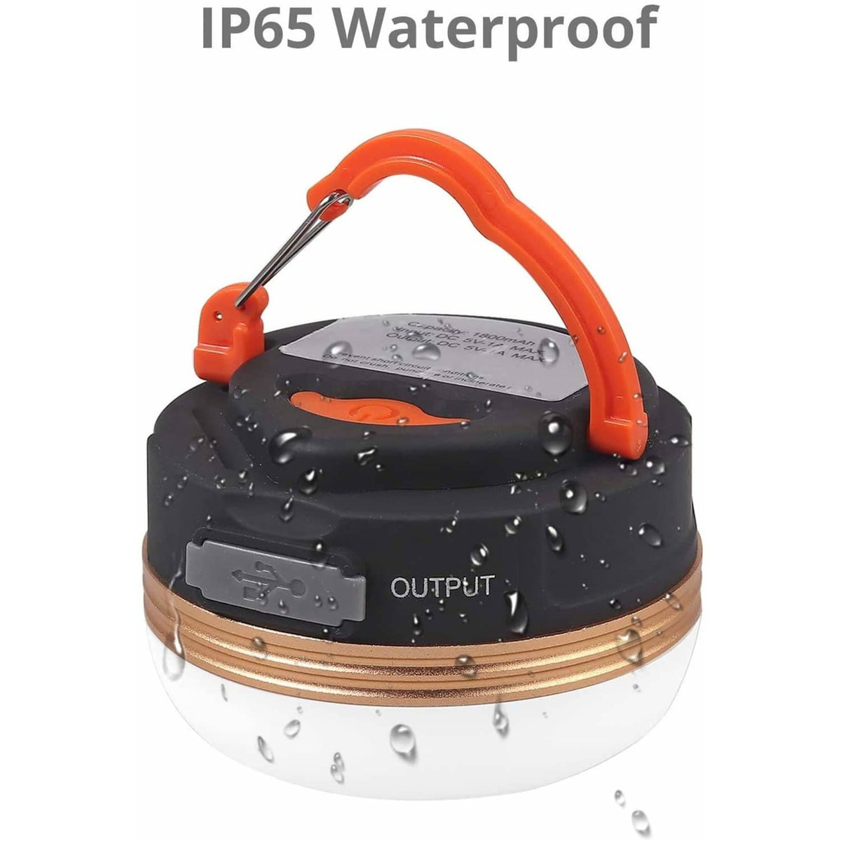 IP65 waterproof LED camping lantern with water droplets on the dark base