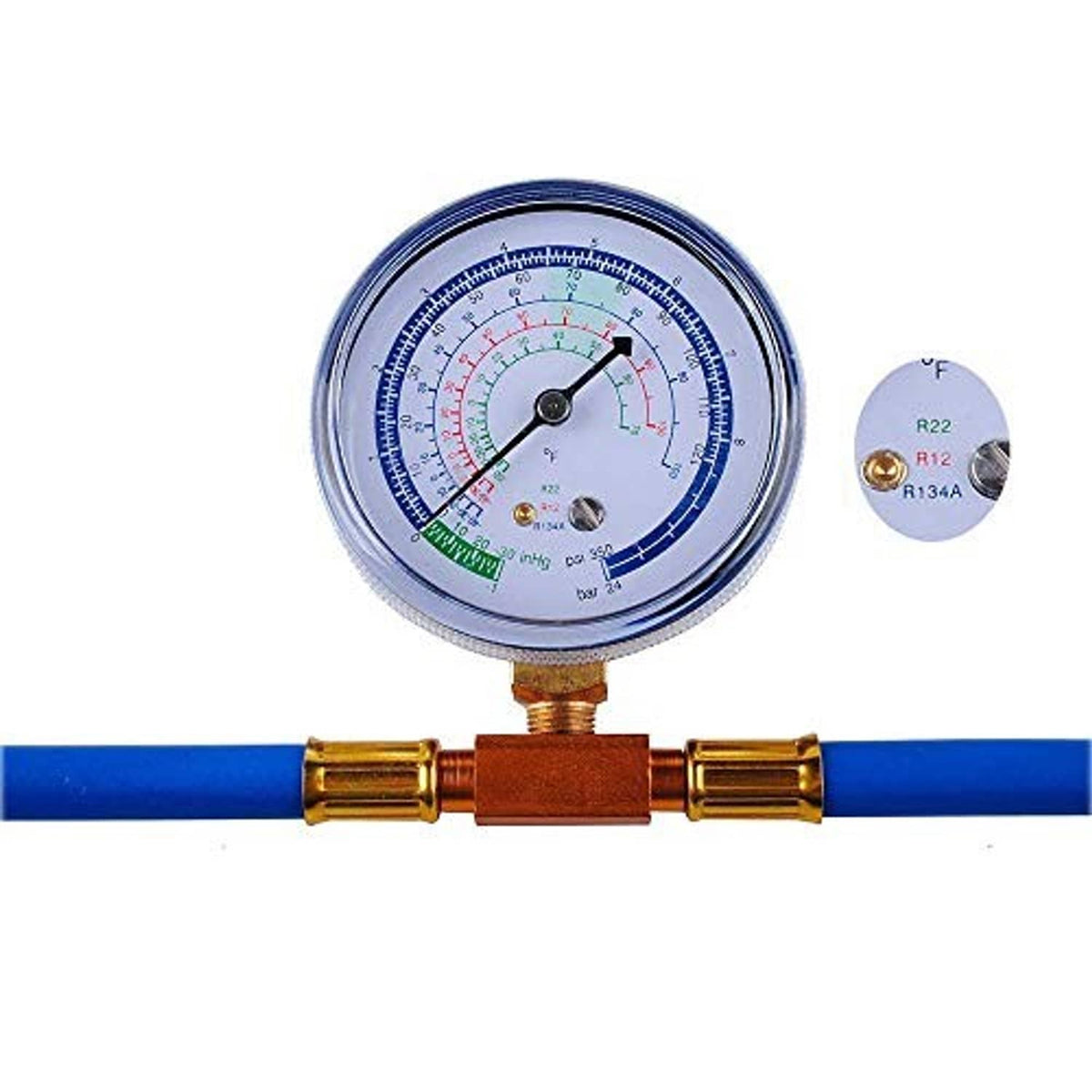 R134a pressure gauge with blue hose and brass connector, circular dial display