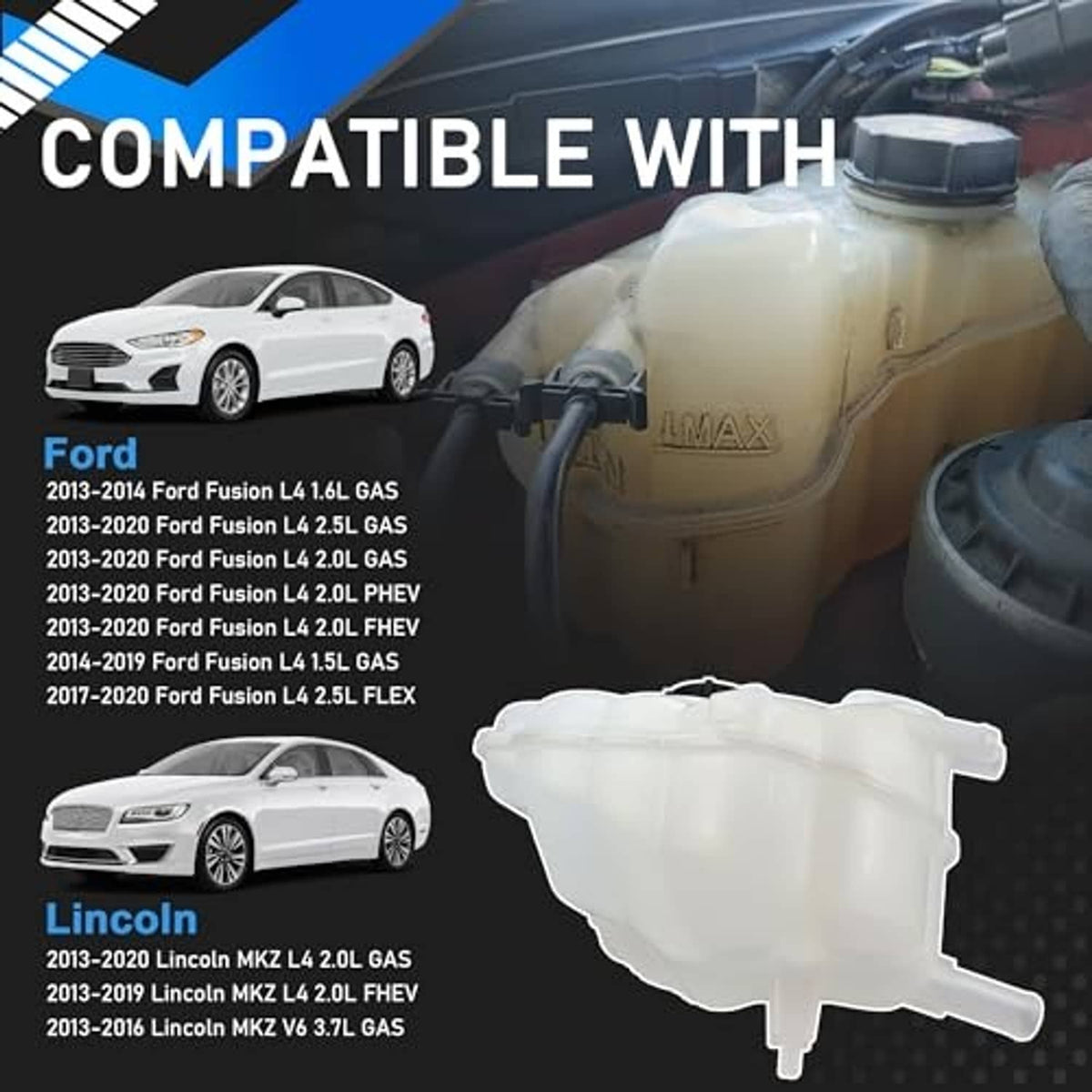 White coolant overflow reservoir tank with black cap and mounting tabs