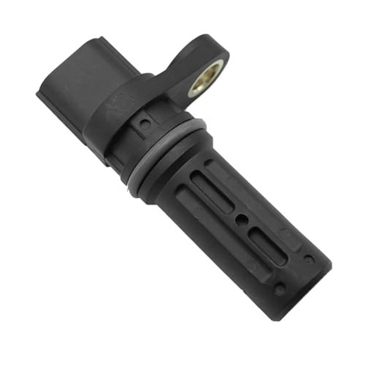 Engine camshaft/crankshaft sensor with black body, side pin opening, and metal mounting ring