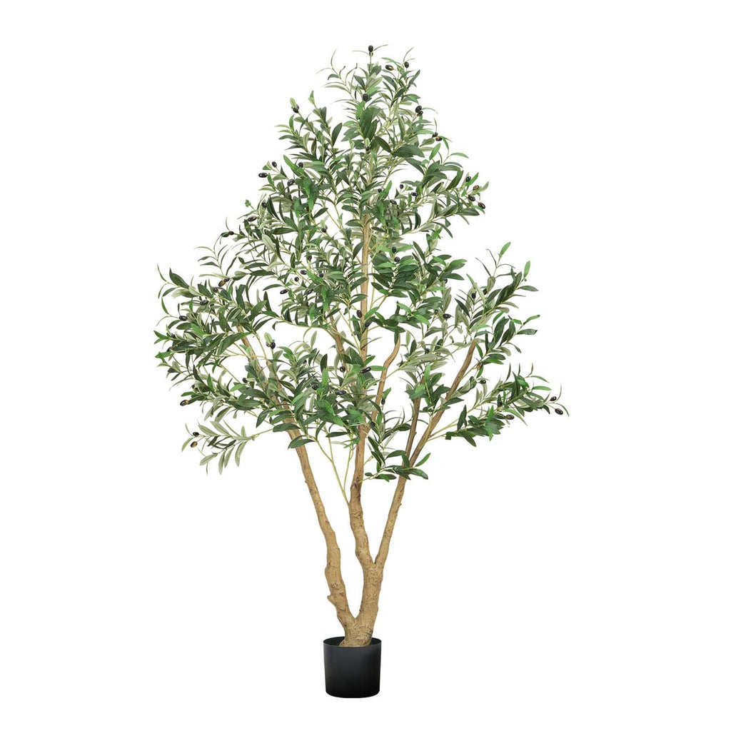 Artificial olive tree with lush green foliage in black pot, full canopy