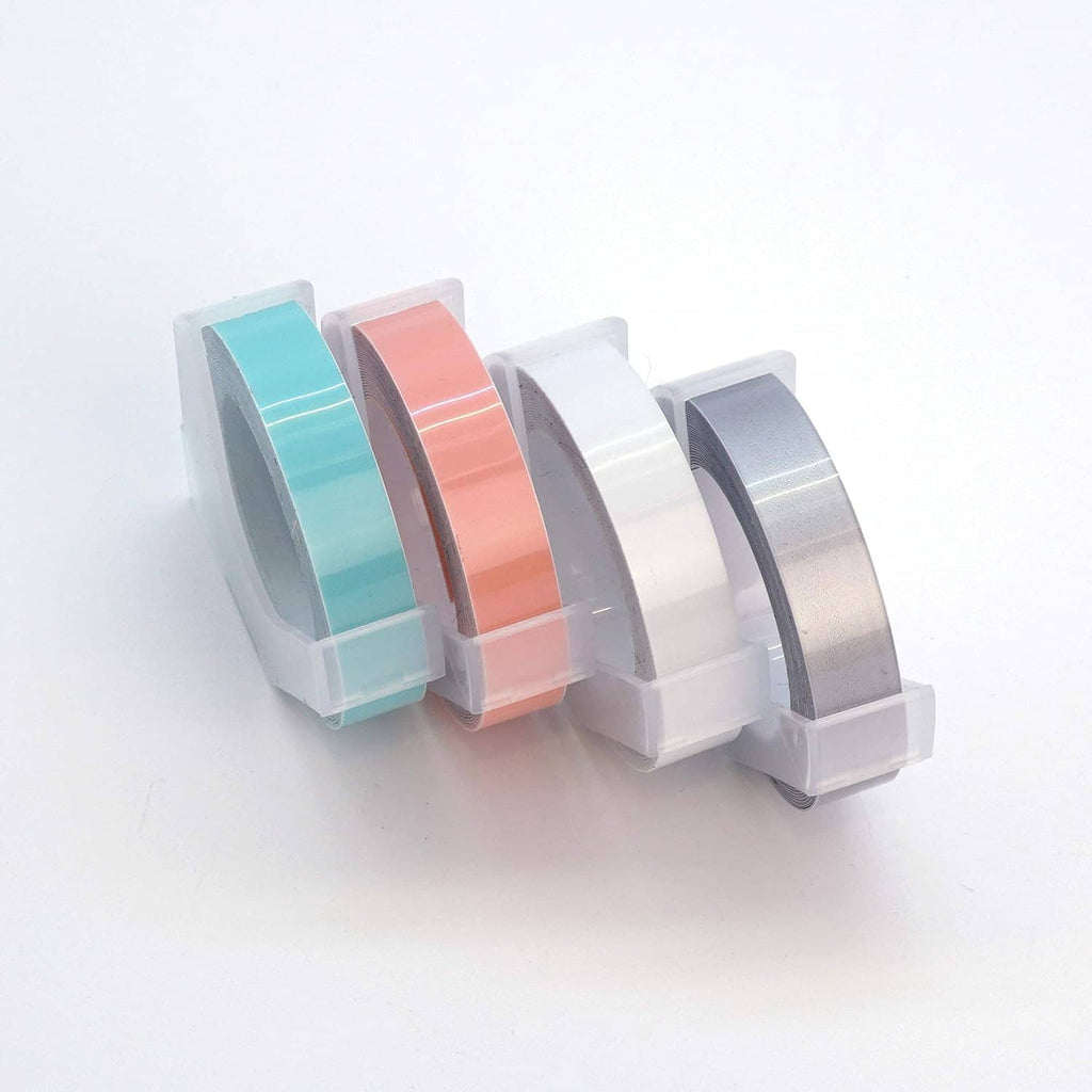 Embossing label maker refill tape rolls in pastel colors with clear cartridge holders