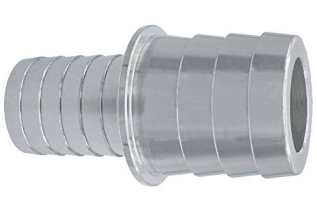 Silver hose barb splice coupler with wide rim flange and dark interior hole
