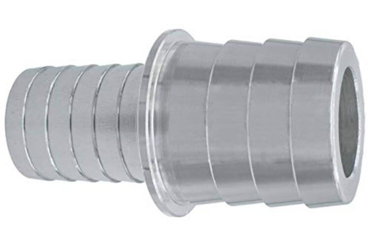 Silver hose barb splice coupler with wide rim flange and dark interior hole