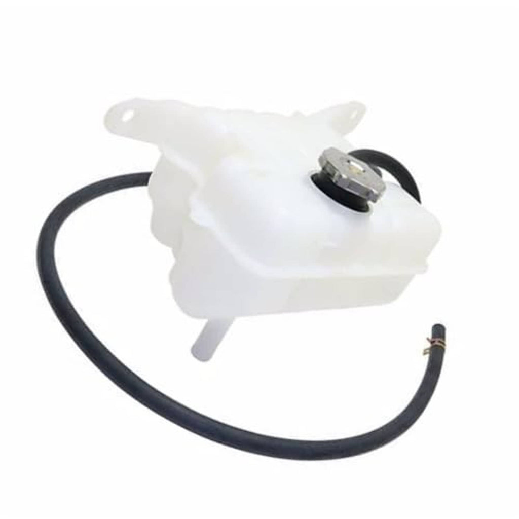 White coolant reservoir tank with black hose and top screw cap