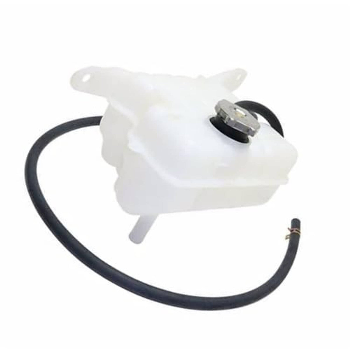 White coolant reservoir tank with black hose and top screw cap