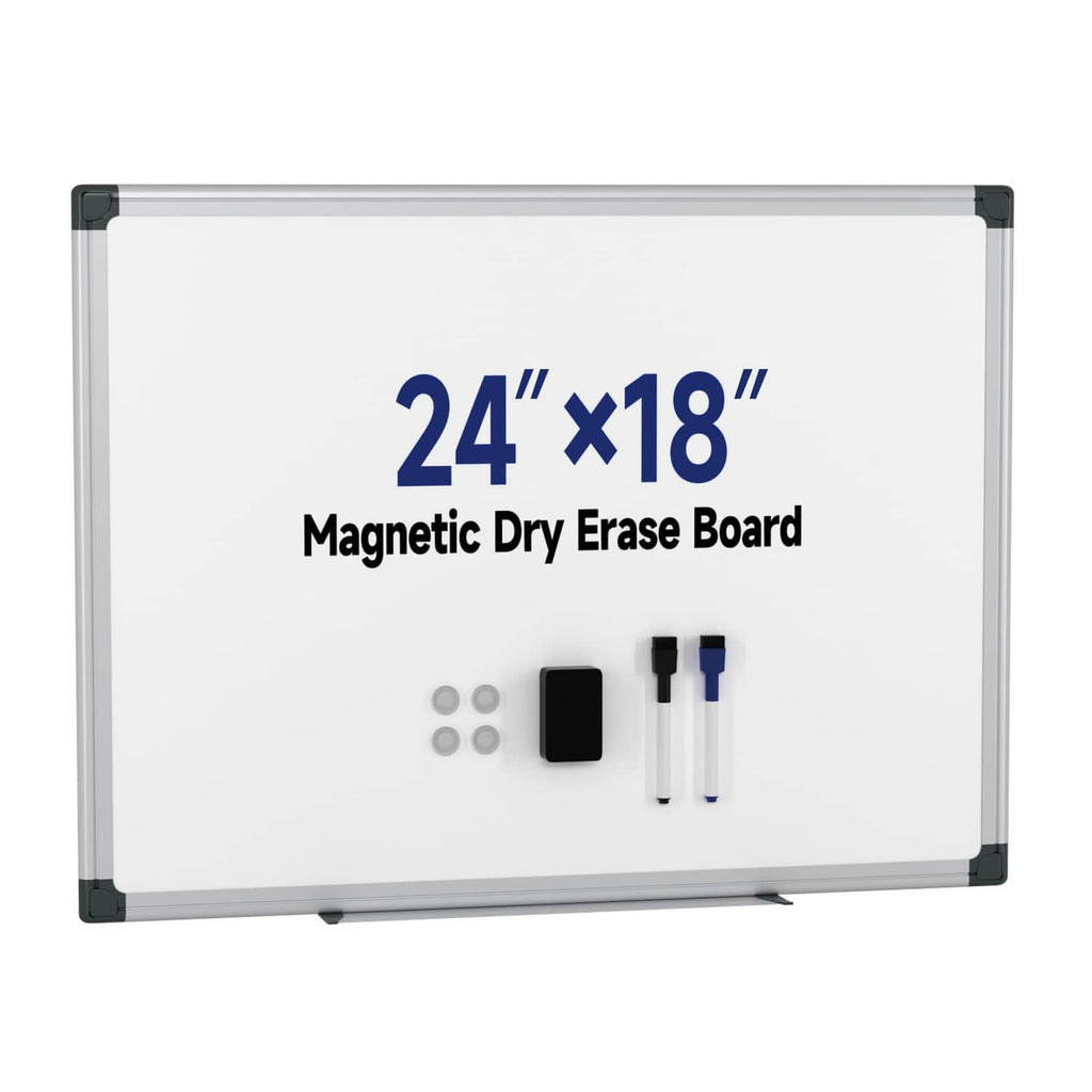 24 x 18 in magnetic dry erase whiteboard with silver frame and included accessories