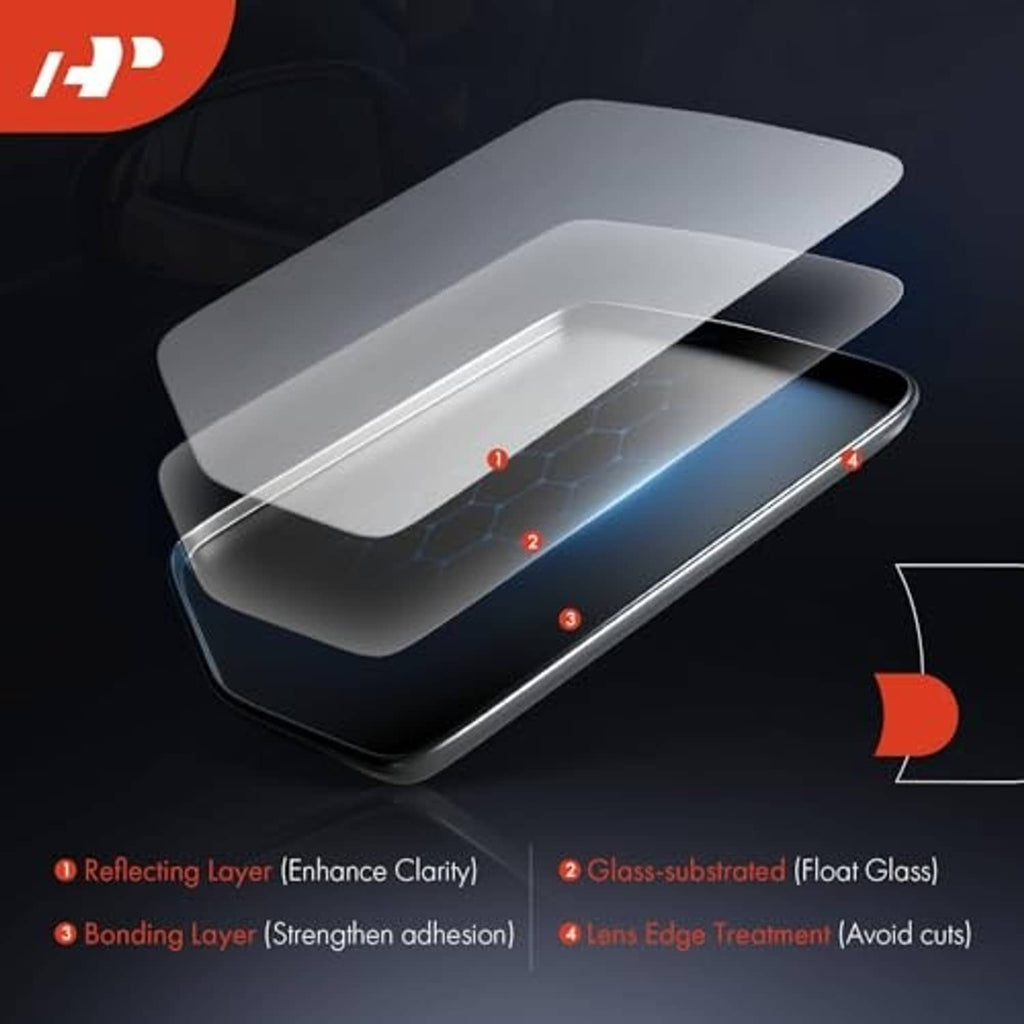 Side mirror glass layers diagram: reflecting layer, float glass, bonding, and lens edge