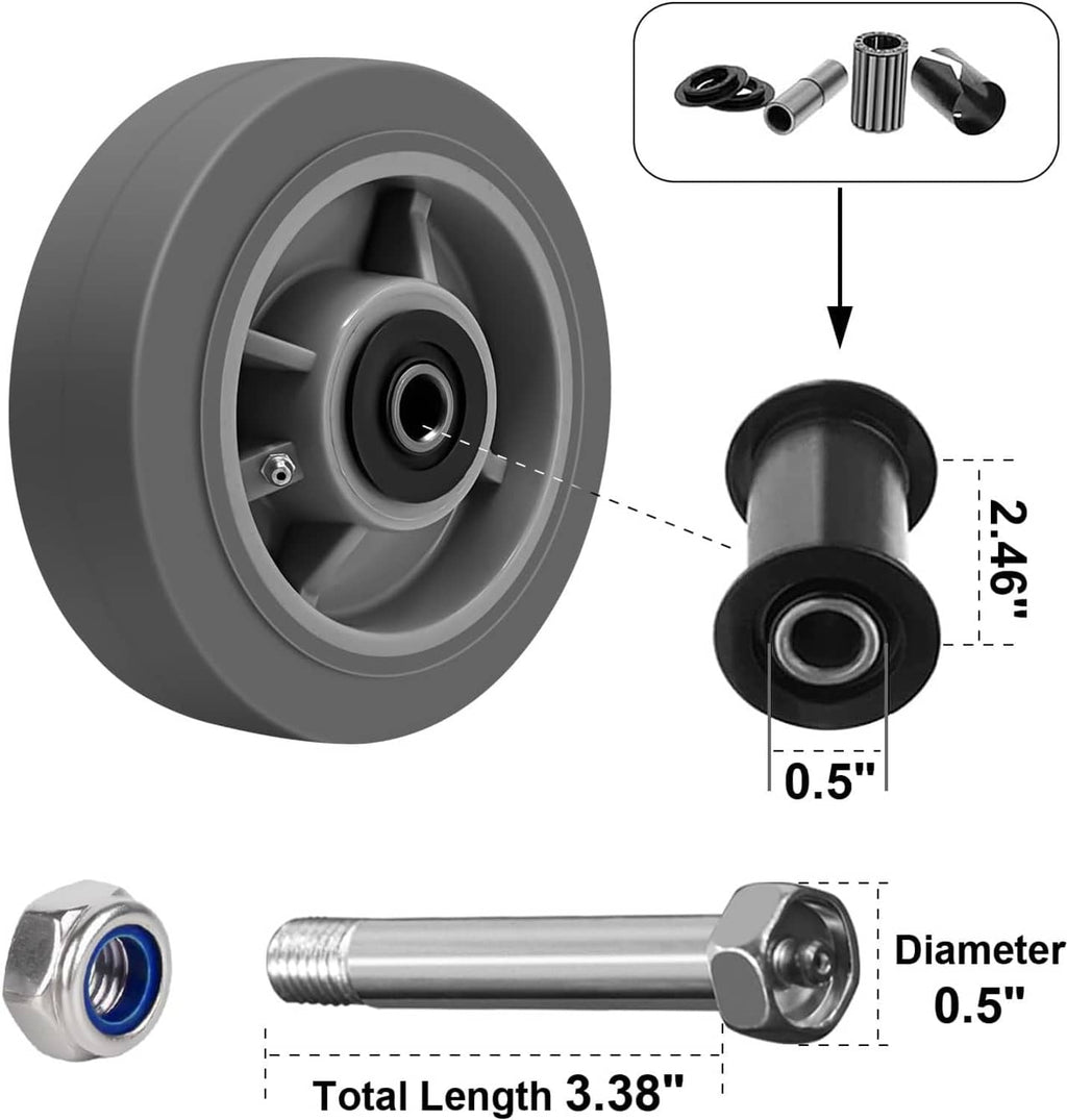 Gray caster wheel with rubber tire, 1/2 in bore, and steel axle bolt