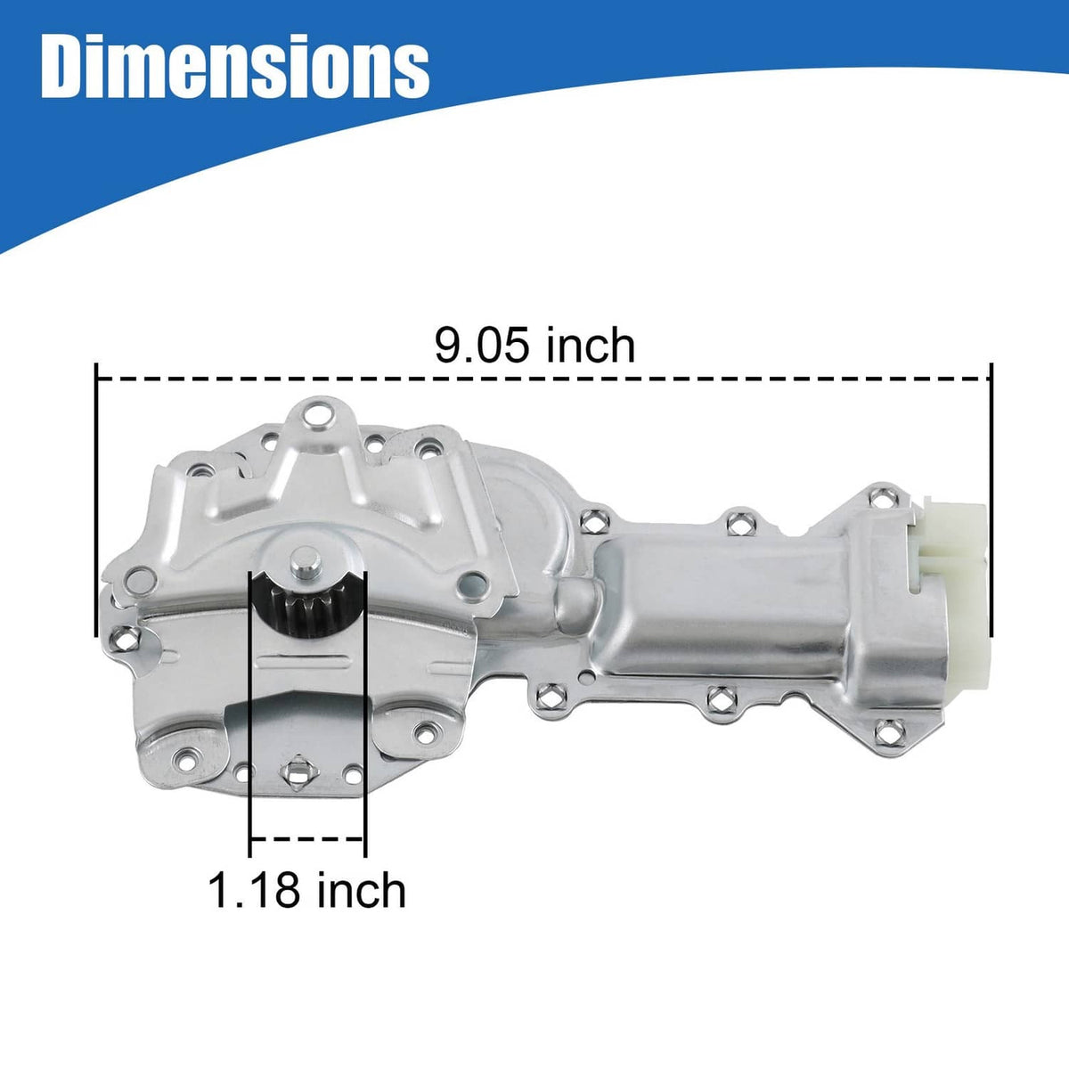 Door power window lift motor assembly with metal housing and connector plug, length dimension