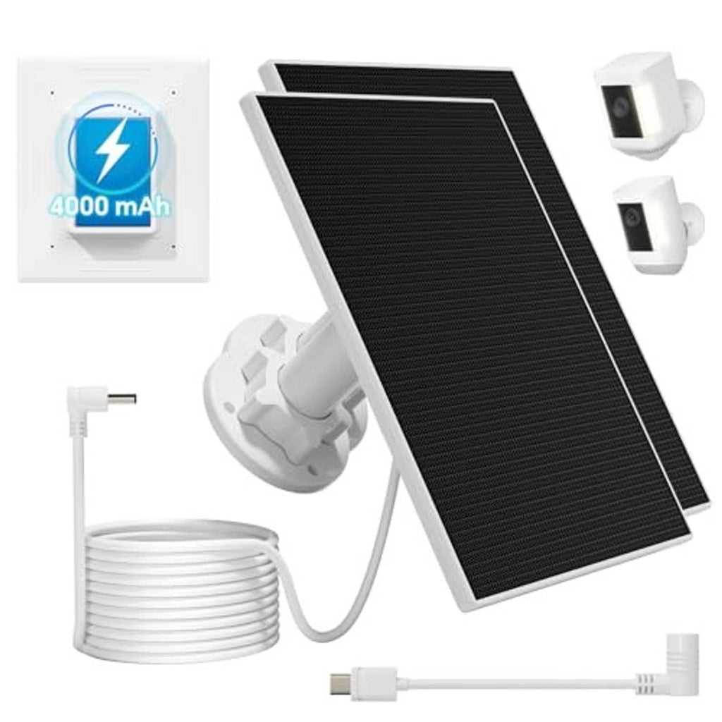 Black solar panel charger kit with built-in battery, cables, and two wall mounts