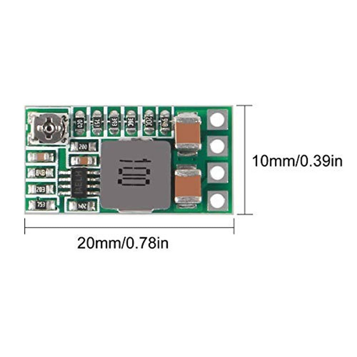 Mini DC regulator module PCB, 20mm x 10mm, adjustable output terminal pads