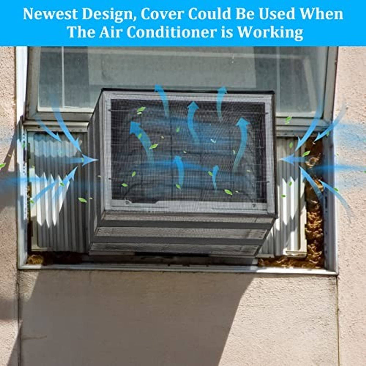 Black mesh air conditioner cover fitted over an outdoor window AC unit