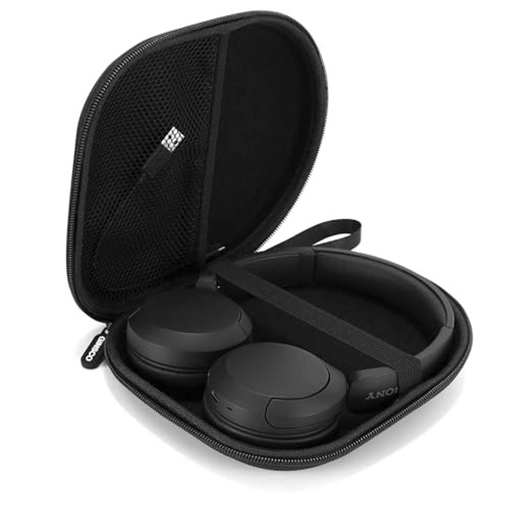 Black zip headphone case open, showing ear cups and headband secured inside