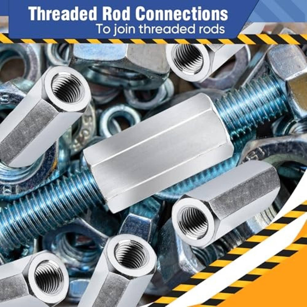 Zinc-plated hex coupling nuts joining threaded rod ends