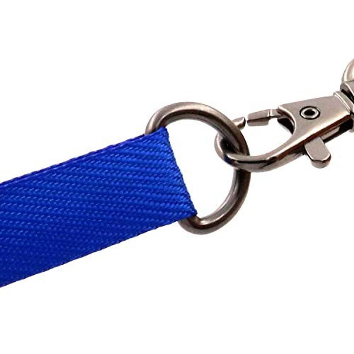 Metal D-ring buckle secured to blue webbing strap, dark bronze oval loop