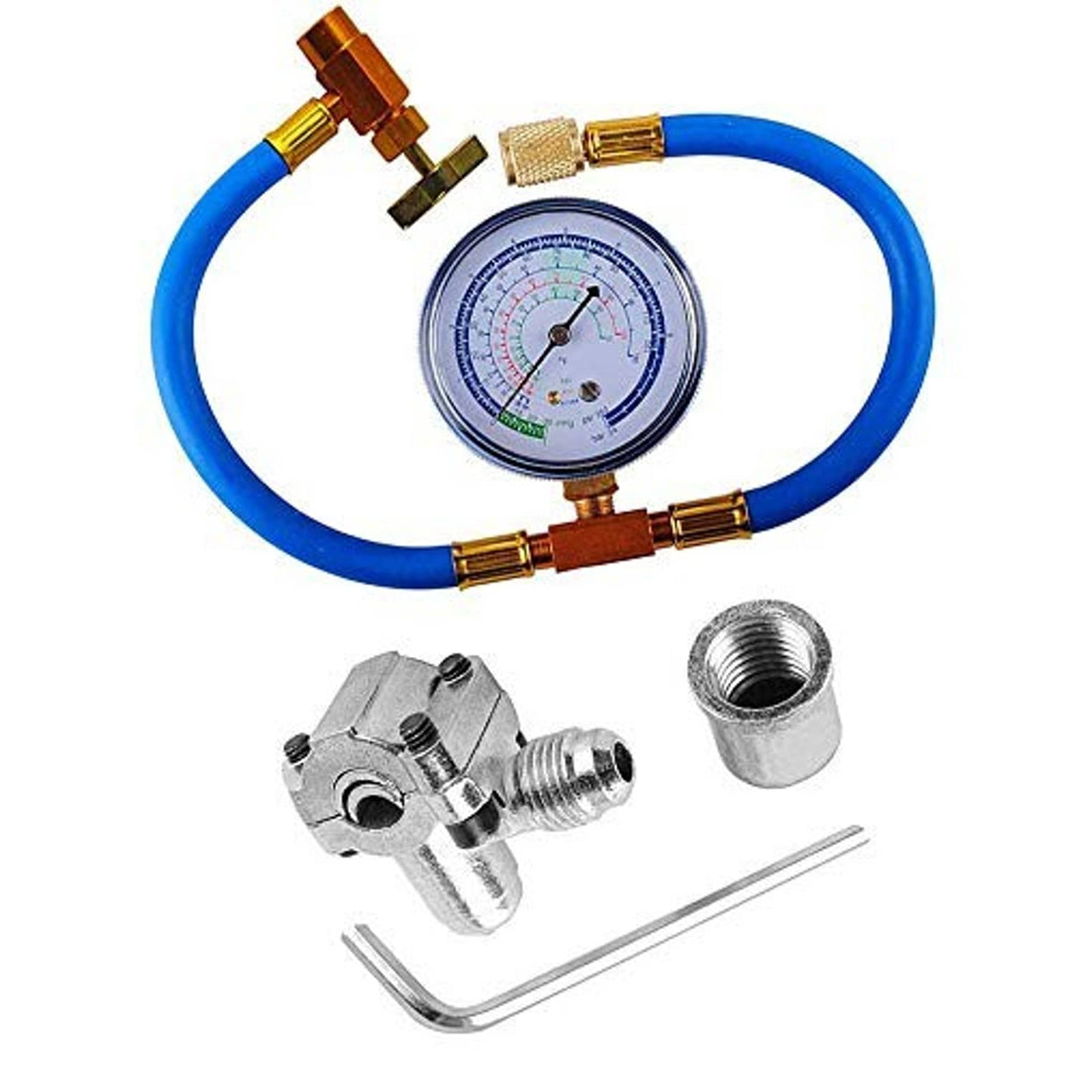 R134a charging hose kit with pressure gauge, blue hose and brass manifold fittings