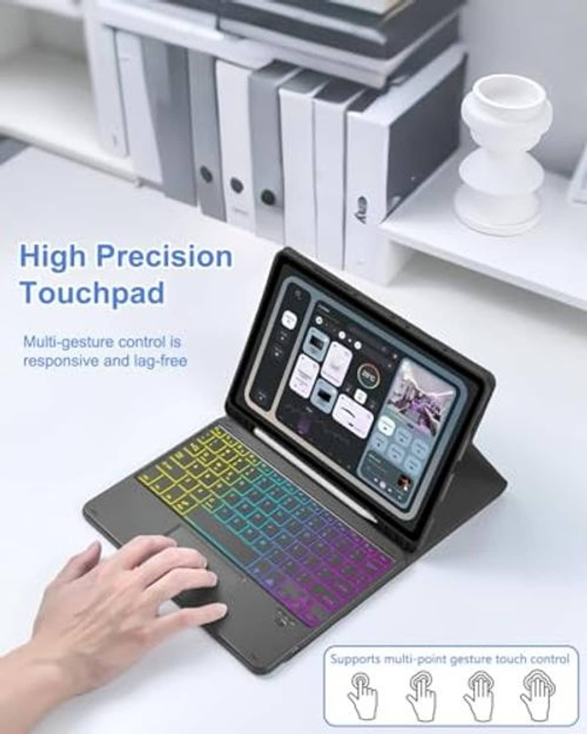 Black keyboard case with high-precision multi-gesture touchpad for tablet navigation.